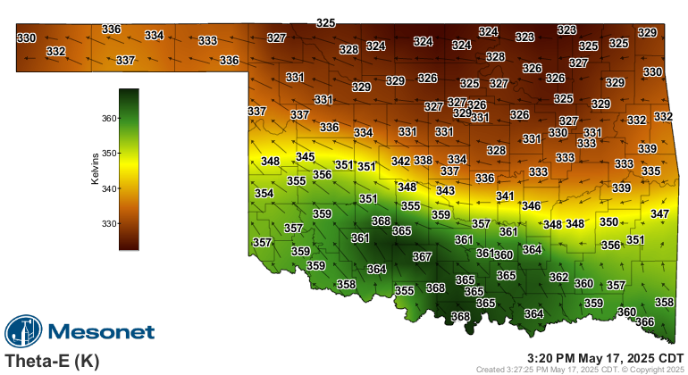 Oklahoma Mesonet - Theta-E - 3:20 pm CDT May 17, 2025